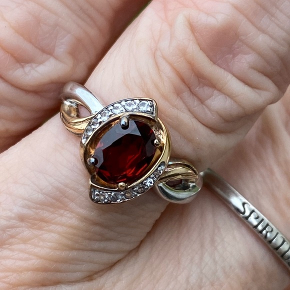 Genuine Garnet and white topaz ring .925 Sterling Silver 18k gold accent - Picture 5 of 15